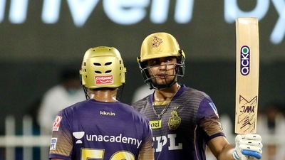 Shubman Gill raises his bat after his half-century during IPL 2021 match no. 54 between Kolkata Knight Riders and Rajasthan Royals in Sharjah (PTI) Shubman Gill raises his bat after his half-century during IPL 2021 match no. 54 between Kolkata Knight Riders and Rajasthan Royals in Sharjah (PTI)
