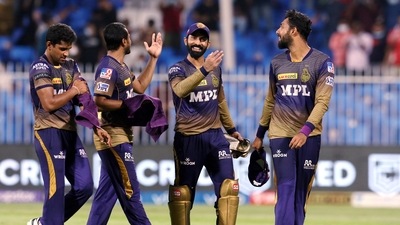 Kolkata Knight Riders players celebrate after winning their Indian Premier League cricket match against Rajasthan Royals, at the Sharjah Cricket Stadium, in Sharjah, UAE, Thursday, Oct. 7, 2021. (PTI) Kolkata Knight Riders players celebrate after winning their Indian Premier League cricket match against Rajasthan Royals, at the Sharjah Cricket Stadium, in Sharjah, UAE, Thursday, Oct. 7, 2021. (PTI)