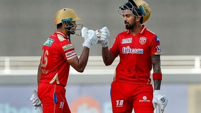 KL Rahul of Punjab Kings and Mayank Agarwal of Punjab Kings during match 53 of the Indian Premier League between the Chennai Super Kings and Punjab Kings at the Dubai International Stadium in the United Arab Emirates, Thursday, Oct. 7, 2021. (PTI) KL Rahul of Punjab Kings and Mayank Agarwal of Punjab Kings during match 53 of the Indian Premier League between the Chennai Super Kings and Punjab Kings at the Dubai International Stadium in the United Arab Emirates, Thursday, Oct. 7, 2021. (PTI)