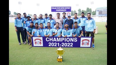 The Patiala team after beating Amritsar and winning the inter-district cricket tournament in Mohali on Thursday. The Patiala team after beating Amritsar and winning the inter-district cricket tournament in Mohali on Thursday.