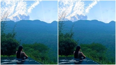 On this trip, Janhvi was at her happiest place. From chasing butterflies through the forest to taking a dip into the river that flowed all the way from the hills, she did it all. She also posed for a picture in a swimming pool that overlooked the mountain ranges. (Instagram/@janhvikapoor) On this trip, Janhvi was at her happiest place. From chasing butterflies through the forest to taking a dip into the river that flowed all the way from the hills, she did it all. She also posed for a picture in a swimming pool that overlooked the mountain ranges. (Instagram/@janhvikapoor)