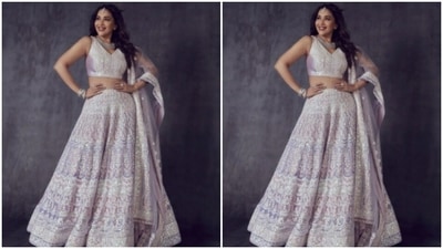 Madhuri Dixit played muse to fashion designer Manish Malhotra and adorned a lehenga from his wardrobe. Manish Malhotra is famously known for his intricately designed traditional attires and for reviving the lost fabrics of the country. Madhuri, for the finale episode, chose a lilac lehenga embroidered in white. (Instagram/@madhuridixitnene) Madhuri Dixit played muse to fashion designer Manish Malhotra and adorned a lehenga from his wardrobe. Manish Malhotra is famously known for his intricately designed traditional attires and for reviving the lost fabrics of the country. Madhuri, for the finale episode, chose a lilac lehenga embroidered in white. (Instagram/@madhuridixitnene)