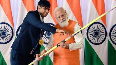 The javelin was presented to PM Modi by Olympian Neeraj Chopra. (ANI Photo) The javelin was presented to PM Modi by Olympian Neeraj Chopra. (ANI Photo)