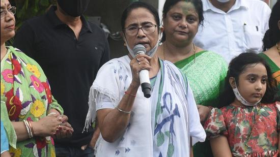 The four candidates of West Bengal chief minister Mamata Banerjee’s Trinamool Congress (TMC) filed their nomination papers on Thursday for the assembly bypolls in Dinhata in north Bengal, and Santipur, Khardah and Gosaba in south Bengal (Samir Jana/HT Photo)