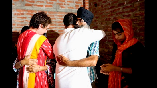 Congress leaders Rahul Gandhi and Priyanka Gandhi Vadra meet the family members of farmer Lavpreet Singh, who was killed in Lakhimpur Kheri violence, on October 7. (PTI)