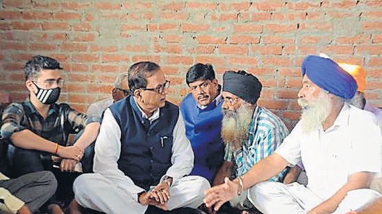 BSP national general secretary Satish Chandra Mishra meeting the family members of Lovepreet Singh, who was among those killed in the Lakhimpur Kheri violence on October 3. (SOURCED IMAGE )