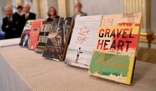 Books by Tanzanian-born novelist Abdulrazak Gurnah are on display at the Swedish Academy in Stockholm after the author was announced as the winner of the 2021 Nobel Prize in Literature.&nbsp;(AFP)