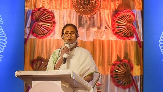 West Bengal chief minister Mamata Banerjee speaks during a function ahead of the Durga puja festival, in Kolkata on Wednesday.(PTI Photo)