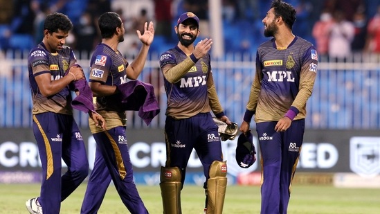 Kolkata Knight Riders players celebrate after winning their during IPL 2021 match no. 54 against Rajasthan Royals in Sharjah(PTI)
