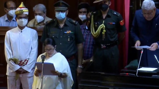 The oath of office to all three MLAs, including Mamata Banerjee, was administered by governor Jagdeep Dhankhar(ANI) The oath of office to all three MLAs, including Mamata Banerjee, was administered by governor Jagdeep Dhankhar(ANI)