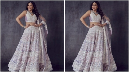 Madhuri Dixit played muse to fashion designer Manish Malhotra and adorned a lehenga from his wardrobe. Manish Malhotra is famously known for his intricately designed traditional attires and for reviving the lost fabrics of the country. Madhuri, for the finale episode, chose a lilac lehenga embroidered in white.(Instagram/@madhuridixitnene)
