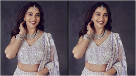 Styled by fashion stylist Tanya Mehta, Madhuri let her tresses open in wavy curls on her one shoulder. She opted for a nude shade of eye shadow, soft maroon lipstick, mascara-laden eyelashes and drawn eyebrows to complete her look. Madhuri Dixit is a joy to behold in this attire. We’re taking notes.(Instagram/@madhuridixitnene)