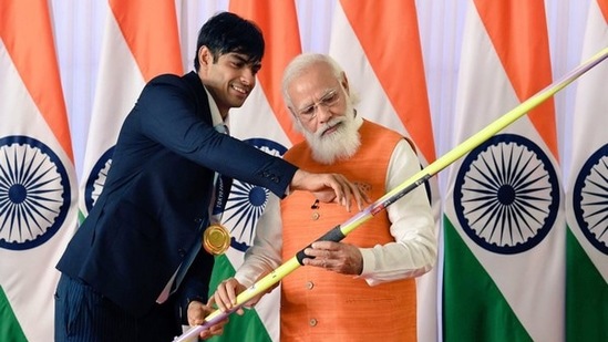 The javelin was presented to PM Modi by Olympian Neeraj Chopra.(ANI Photo)