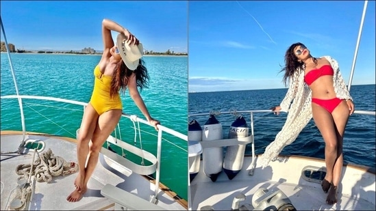Priyanka Chopra flaunts steamy ‘water baby’ looks in yellow monokini, red bikini(Instagram/priyankachopra)
