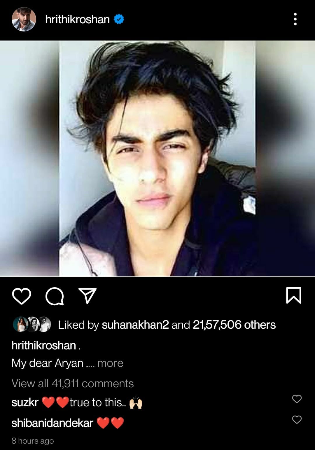 Suhana Khan likes Hrithik Roshan's post for Aryan Khan.