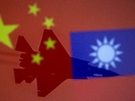 Chinese and Taiwanese national flags are displayed alongside a military airplane in this illustration.&nbsp;