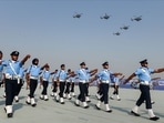 Indian Air Force (IAF) personnel march past as IAF helicopters perform an air display during 89th foundation day of the force, at Hindan Airbase in Ghaziabad.(PTI Photo/Kamal Kishore) Indian Air Force (IAF) personnel march past as IAF helicopters perform an air display during 89th foundation day of the force, at Hindan Airbase in Ghaziabad.(PTI Photo/Kamal Kishore)