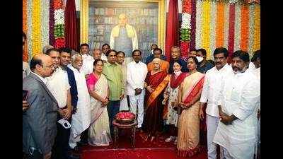 Telangana Chief Minister K. Chandrashekar Rao during the unveiling of the portrait of the former prime minister PV Narsimha Rao, at State Assembly in Hyderabad on Friday. (PTI) Telangana Chief Minister K. Chandrashekar Rao during the unveiling of the portrait of the former prime minister PV Narsimha Rao, at State Assembly in Hyderabad on Friday. (PTI)