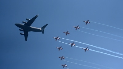 On the occasion of Air Force Day, the IAF put up a scintillating display in the air as a combination of 75 aircraft, drawn from both vintage and modern fleet of the IAF performed skilful manoeuvres in the sky to also mark the platinum jubilee year of India's Independence. (Bloomberg) On the occasion of Air Force Day, the IAF put up a scintillating display in the air as a combination of 75 aircraft, drawn from both vintage and modern fleet of the IAF performed skilful manoeuvres in the sky to also mark the platinum jubilee year of India's Independence. (Bloomberg)