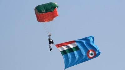 An Indian Air Force (IAF) Akash Ganga skydiver performs during the Air Force Day Parade at Hindon Air Force Station in Ghaziabad, Uttar Pradesh on October 8. (Bloomberg) An Indian Air Force (IAF) Akash Ganga skydiver performs during the Air Force Day Parade at Hindon Air Force Station in Ghaziabad, Uttar Pradesh on October 8. (Bloomberg)