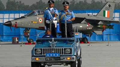 Indian Air Force (IAF) Chief Vivek Ram Chaudhary inspects the 89th Air Force Day parade at Hindon Air Force station in Ghaziabad on October 8. (AFP) Indian Air Force (IAF) Chief Vivek Ram Chaudhary inspects the 89th Air Force Day parade at Hindon Air Force station in Ghaziabad on October 8. (AFP)