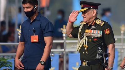 Chief of Defence Staff of India General Bipin Rawat arrives to attend Indian Air Force (IAF)'s 89th foundation day ceremony, at Hindan Airbase in Ghaziabad, on October 8. (PTI) Chief of Defence Staff of India General Bipin Rawat arrives to attend Indian Air Force (IAF)'s 89th foundation day ceremony, at Hindan Airbase in Ghaziabad, on October 8. (PTI)