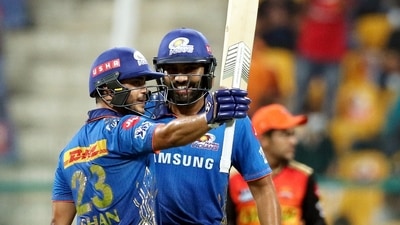 Ishan Kishan raises his bat after his half-century IPL 2021 match no. 55 between Sunrisers Hyderabad and Mumbai Indians in Abu Dhabi. (PTI) Ishan Kishan raises his bat after his half-century IPL 2021 match no. 55 between Sunrisers Hyderabad and Mumbai Indians in Abu Dhabi. (PTI)