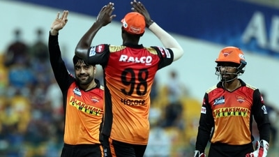 Rashid Khan celebrates the wicket of Rohit Sharma during IPL 2021 match no. 55 between Sunrisers Hyderabad and Mumbai Indians in Abu Dhabi. (PTI) Rashid Khan celebrates the wicket of Rohit Sharma during IPL 2021 match no. 55 between Sunrisers Hyderabad and Mumbai Indians in Abu Dhabi. (PTI)