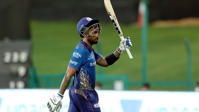 Surya Kumar Yadav walk back towards thepavilion after getting dismissed IPL 2021 match no. 55 between Sunrisers Hyderabad and Mumbai Indians in Abu Dhabi. (PTI) Surya Kumar Yadav walk back towards thepavilion after getting dismissed IPL 2021 match no. 55 between Sunrisers Hyderabad and Mumbai Indians in Abu Dhabi. (PTI)