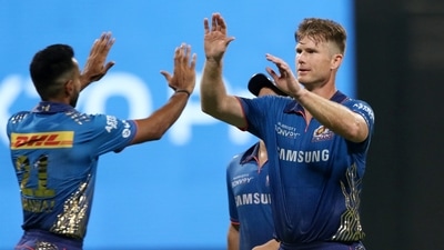 James Neesham celebrates the wicket of Abhishek Sharma during IPL 2021 match no. 55 between Sunrisers Hyderabad and Mumbai Indians in Abu Dhabi. (PTI) James Neesham celebrates the wicket of Abhishek Sharma during IPL 2021 match no. 55 between Sunrisers Hyderabad and Mumbai Indians in Abu Dhabi. (PTI)