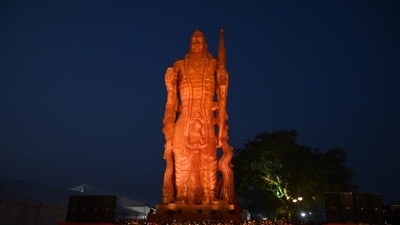 Chhattisgarh chief minister Bhupesh Baghel unveiled a 51-feet-tall statue of Lord Ram in the backdrop of a light and fire show. Chhattisgarh chief minister Bhupesh Baghel unveiled a 51-feet-tall statue of Lord Ram in the backdrop of a light and fire show. 