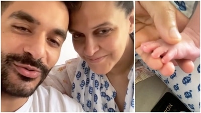 Angad Bedi and Neha Dhupia are obsessing over their newborn baby's feet. Angad Bedi and Neha Dhupia are obsessing over their newborn baby's feet.