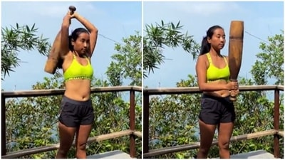 Ankita Konwar tried a new fitness routine, this time with a mugdar (Instagram/@ankita_earthy) Ankita Konwar tried a new fitness routine, this time with a mugdar (Instagram/@ankita_earthy)