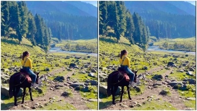 Hina also rode a horse along the banks of a river that flowed directly from the hills. In this picture, Hina can be seen posing in the valley, perched up on a horse, with the hills surrounding her. (Instagram/@realhinakhan)
