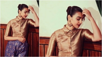 Radhika Apte looked stunning in this handwoven brocade set by designer Payal Khandwala. (Instagram/@elevate_promotions)