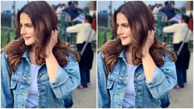 For footwear, Zareen aptly opted for a pair of white sneakers with a black label behind. (Instagram/@zareenkhan) For footwear, Zareen aptly opted for a pair of white sneakers with a black label behind. (Instagram/@zareenkhan)