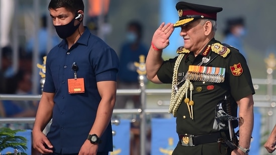 Chief of Defence Staff of India General Bipin Rawat arrives to attend Indian Air Force (IAF)'s 89th foundation day ceremony, at Hindan Airbase in Ghaziabad, on October 8.(PTI)
