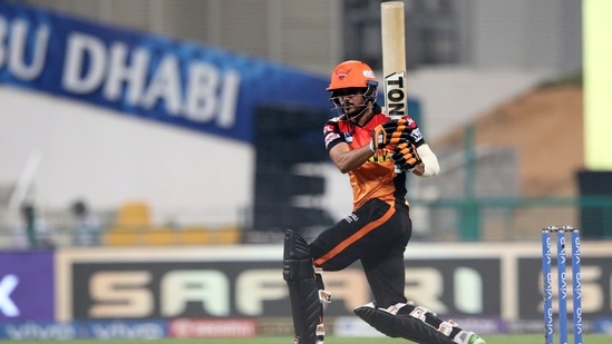 Manish Pandey plays a shot during IPL 2021 match no. 55 between Sunrisers Hyderabad and Mumbai Indians in Abu Dhabi.(PTI)