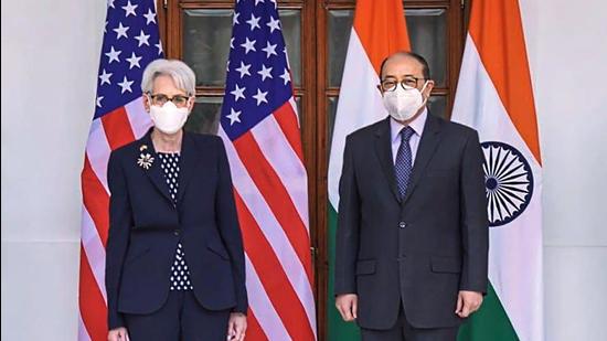 Foreign secretary V Shringla with US deputy secretary of state Wendy R Sherman during their meeting, in New Delhi, on October 6. (PTI)
