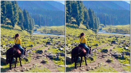 Hina also rode a horse along the banks of a river that flowed directly from the hills. In this picture, Hina can be seen posing in the valley, perched up on a horse, with the hills surrounding her.(Instagram/@realhinakhan)