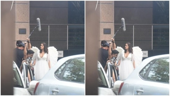 On Friday, Ileana was snapped outside her recent shoot location and she looks right out of a fairytale. No kidding, because she dressed up like an angel.(HT Photos/Varinder Chawla)