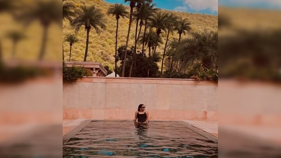 Masaba Gupta beats the heat as she takes a dip in the pool donning black swimwear.(Instagram/@masabagupta)