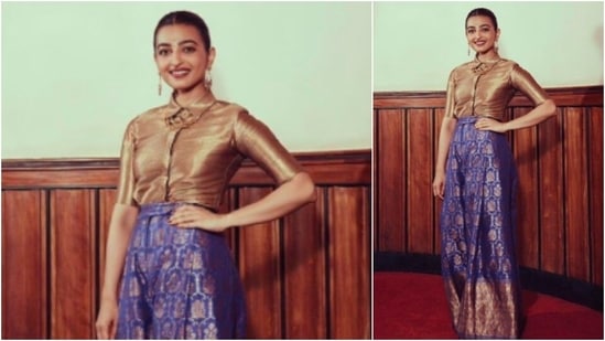 With hair tied in a neat back bun, Radhika Apte nailed the traditional cum western look.(Instagram/@elevate_promotions)