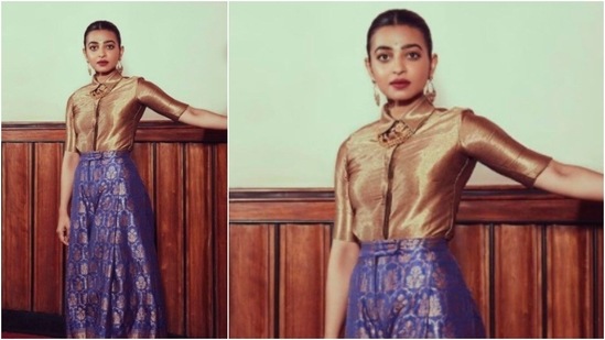 Radhika Apte accessorised her look with golden statement earrings and a neckpiece.(Instagram/@elevate_promotions)