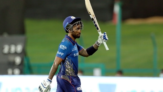 SuryaKumar Yadav of Mumbai Indians walk back towards pavilion after getting dismissed during the Indian Premier League cricket match between Mumbai Indians and Sunrisers Hyderabad, at the Sheikh Zayed Stadium in Abu Dhabi, UAE, Friday, Oct. 8, 2021.(PTI)