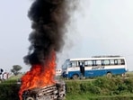 The violence broke out during the farmers’ protest in Lakhimpur Kheri district on Sunday. (ANI) The violence broke out during the farmers’ protest in Lakhimpur Kheri district on Sunday. (ANI)