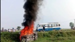 The violence broke out during the farmers’ protest in Lakhimpur Kheri district on Sunday. (ANI) The violence broke out during the farmers’ protest in Lakhimpur Kheri district on Sunday. (ANI)