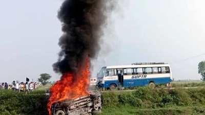 The violence broke out during the farmers’ protest in Lakhimpur Kheri district on Sunday. (ANI) The violence broke out during the farmers’ protest in Lakhimpur Kheri district on Sunday. (ANI)