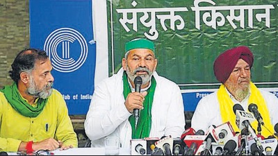 Samyukt Kisan Morcha leaders Rakesh Tikait, Yogendra Yadav and Joginder Singh Ugrahan at a press conference on the Lakhimpur Kheri issue at Press Club of India in New Delhi on Saturday. (PTI Photo) Samyukt Kisan Morcha leaders Rakesh Tikait, Yogendra Yadav and Joginder Singh Ugrahan at a press conference on the Lakhimpur Kheri issue at Press Club of India in New Delhi on Saturday. (PTI Photo)