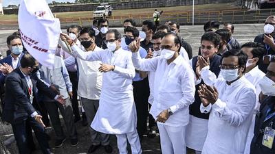 Chief minister Uddhav Thackeray, union aviation minister Jyotiraditya Scindia (through video conference) and Union minister for micro, small and medium enterprises Narayan Rane inaugurated the Chipi airport in Sindhudurg district of Maharashtra's Konkan region. Deputy Chief Minister Ajit Pawar, Revenue Minister Balasaheb Thorat, Environment Minister Aaditya Thackeray were also present at the occasion. (HT Photo) Chief minister Uddhav Thackeray, union aviation minister Jyotiraditya Scindia (through video conference) and Union minister for micro, small and medium enterprises Narayan Rane inaugurated the Chipi airport in Sindhudurg district of Maharashtra's Konkan region. Deputy Chief Minister Ajit Pawar, Revenue Minister Balasaheb Thorat, Environment Minister Aaditya Thackeray were also present at the occasion. (HT Photo)